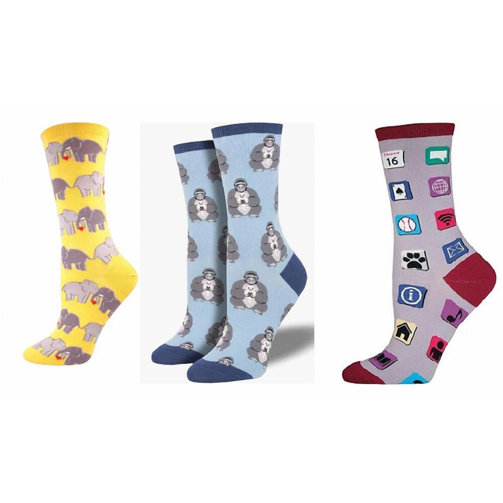 NEW SOCKSMITH women's elephant love & unlikely friends & apps socks - set of 3 p